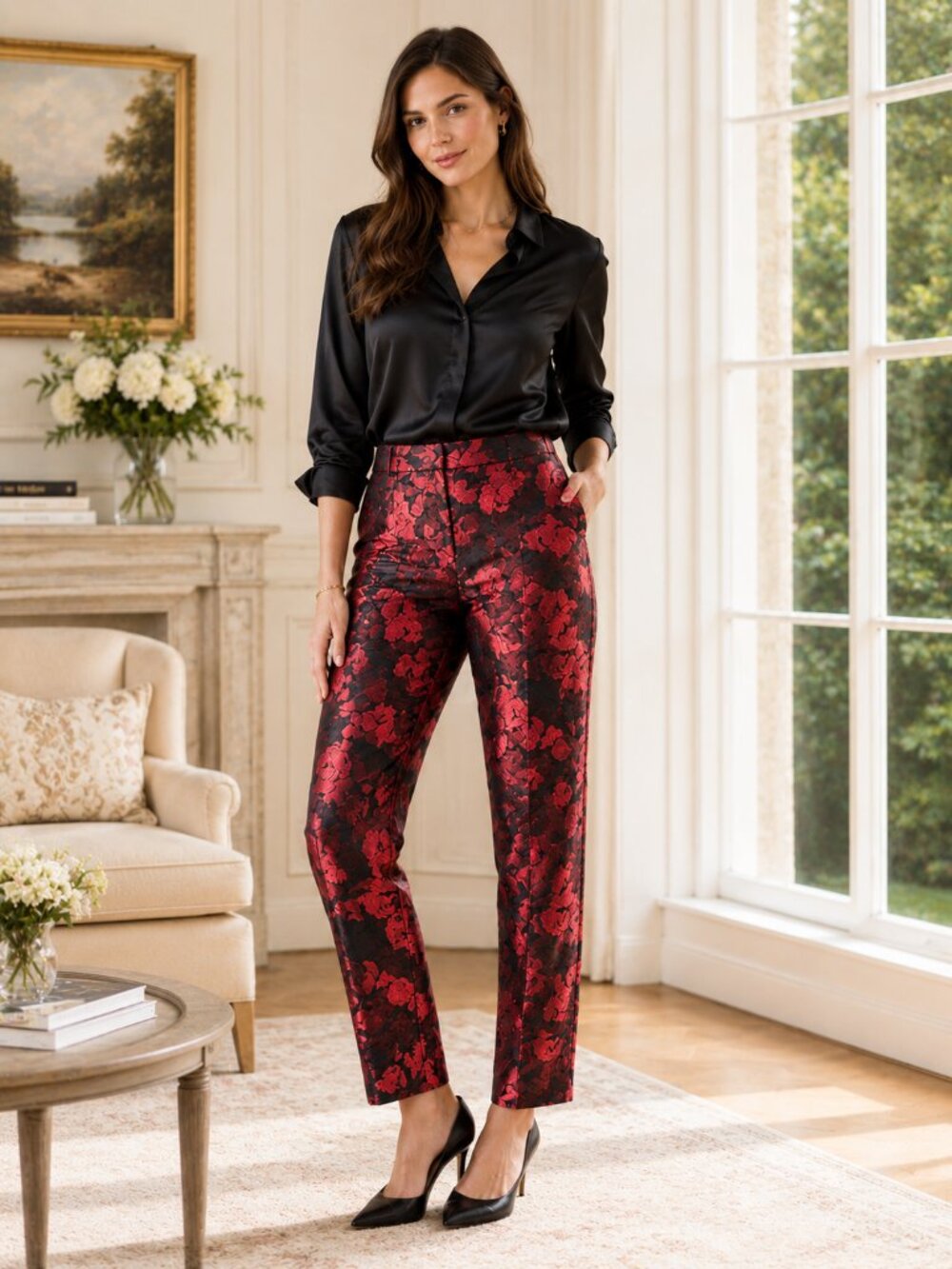 Dress Pants Talbots Red Black Satin Floral Trouser Sz 6 NWOT